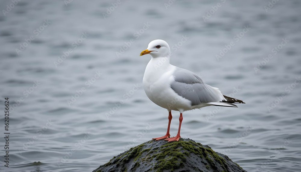 seagull standing gracefully on a rock surrounded by calm ocean waters seagull standing gracefully on a rock surrounded by calm ocean waters