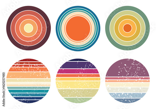 Sun 80s in retro style. Sunset retro badge and emblem set. Retro sunset collection. Abstract ocean view background inside circles shapes. Perfect for sticker, logo, icon, t-shirt or any purpose