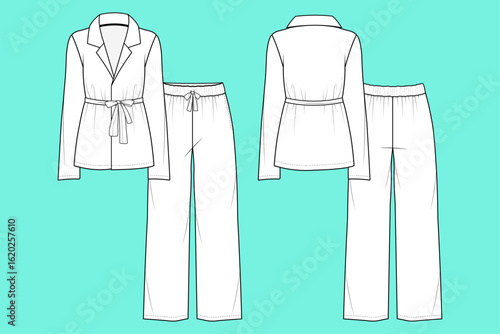 Women's Nightwear Wrap Pajamas Design Set Fashion Flat Sketch Technical Drawing CAD Template.