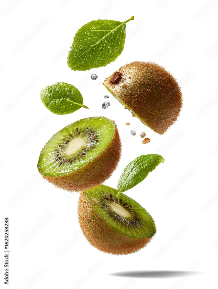 Fototapeta premium green kiwi and green leaves on white