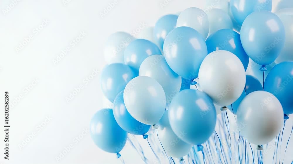 Light blue balloons floating on white background representing a festive celebration Light blue balloons floating on white background representing a festive celebration