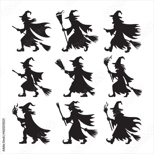 Nine black silhouette witches flying on broomsticks with torches vector