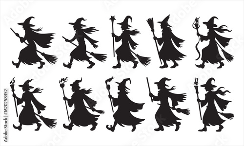 Ten black silhouette witches on broomsticks and staffs with torches in various poses halloween magic