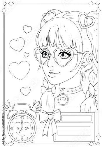 Cute girl with heartshaped glasses and braided hair, a charming illustration with hearts and an alarm clock for coloring printable illustration coloring page for kids