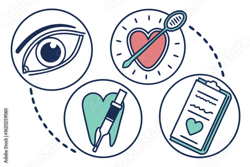 Illustration showing eye exam, heart health check, dental care and medical records connected by dots line