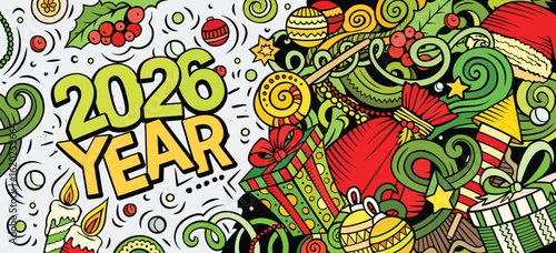 2026 doodles horizontal illustration. New Year objects and elements banner