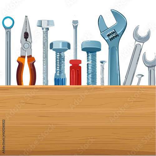 A vibrant illustration showcasing a collection of various tools and fasteners arranged neatly on a wooden surface against a clean white background