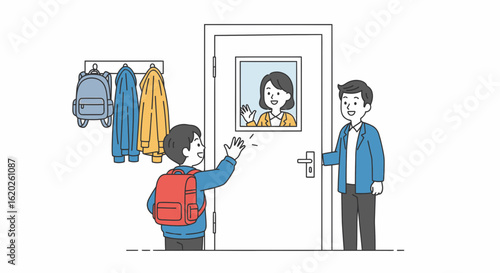 A child with a backpack waves goodbye to their mother through a door window as their father stands beside them.