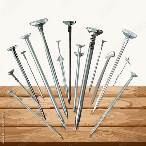Collection of various metal nails and fasteners arranged artfully on a wooden surface with a clean white background for design.