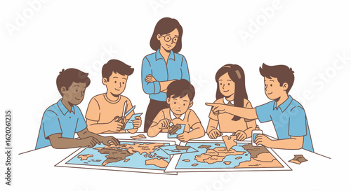 Diverse group of students working together with a teacher on world map jigsaw puzzles in a classroom setting.