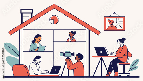 Work from home remote team video conference online meeting collaboration and freelancer lifestyle illustration