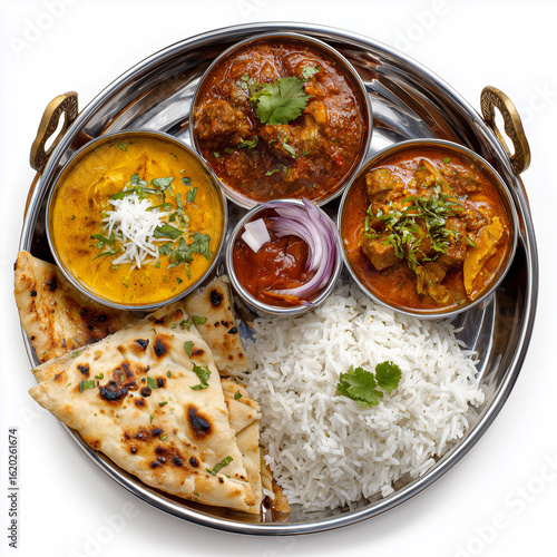 a traditional Indian thali with curry, naan, rice, and chutney