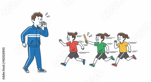 Coach encourages children in a relay race, masks on.