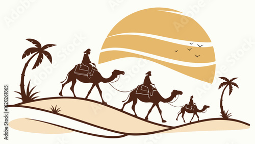 Desert caravan camel ride vector illustration with palm trees and sun travel and tourism concept art