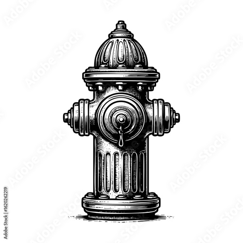 Water hydrant engraving black and white outline. Scratch board imitation.  illustrated in vintage line art style on a white background.