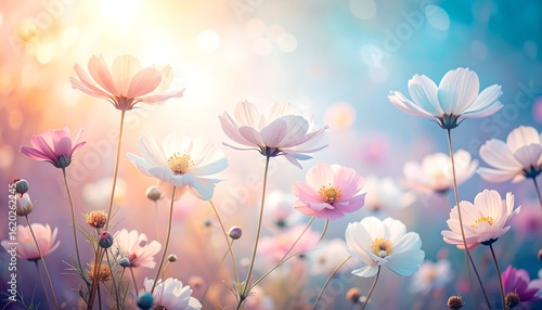 Pastel cosmos flowers bask in soft sunlight; bokeh effect