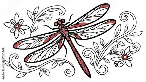 Detailed dragonfly illustration with floral elements vector art for coloring pages and design projects