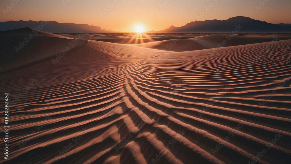 Naklejka premium Rippled Sand Dunes at Sunset with Distant Mountains and Golden Light desert landscape
