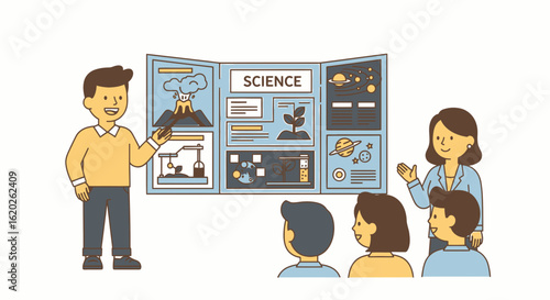 Science fair presentation: teacher explaining volcano, plant, and solar system projects to students.