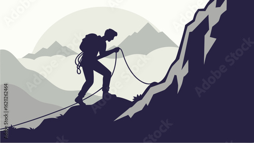 Mountain climber adventure silhouette vector illustration climbing mountain with rope extreme sport concept