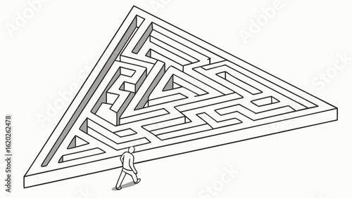 Triangular maze puzzle challenge with person entering complex labyrinth for problem solving and strategy game