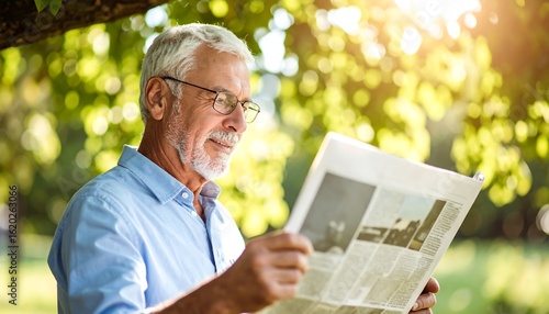 Senior Man Reading Newspaper Outdoors