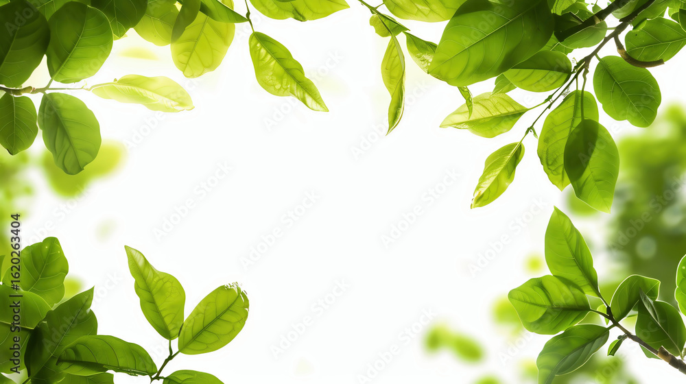 Fototapeta premium Sunlit Green Leaves Frame White Background