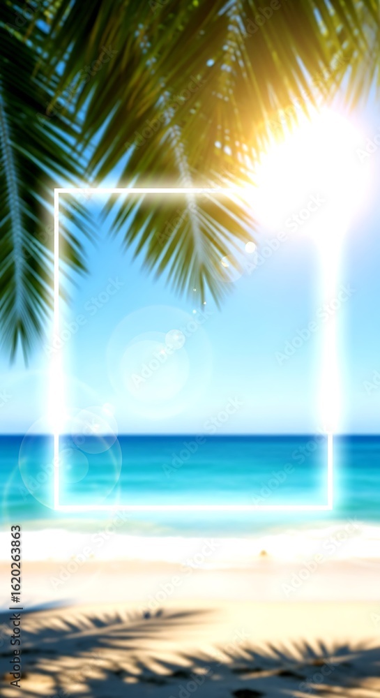 Fototapeta premium Tropical beach with palm leaves sun flare and glowing square frame tree