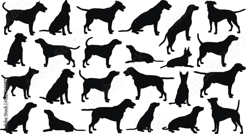 Silhouette illustration showing various poses and breeds of dogs against a white background art design