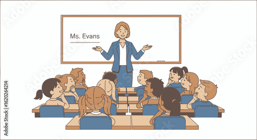 Teacher lecturing a classroom of attentive elementary school students.