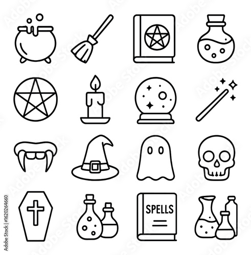 Halloween icons: potions, witch hat, skull, ghost, magic wand, cauldron, spellbook