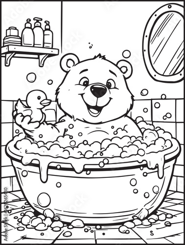 Printable animal-themed coloring page for kids and adults: Kawaii bear taking a shower