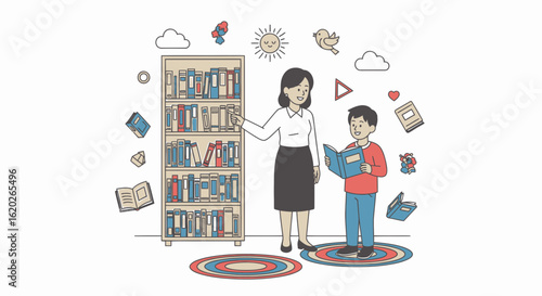 Teacher and student exploring books in a library, fostering a love of reading.