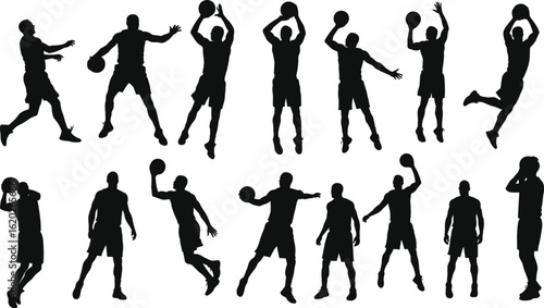 Basketball player silhouette vector, action pose athlete design, slam dunk sketch drawing, sportsman movement clipart, cad drawing flat vector illustration