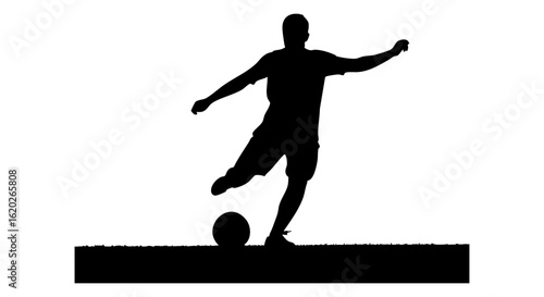 Vector art of silhouette of a soccer player kicking a ball on grass isolated on transparent background