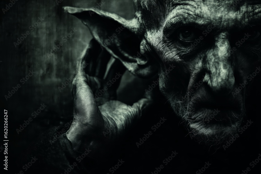 Fototapeta premium A surreal figure with a distorted face and elongated ears, evokes a sense of mystery and intrigue. Unique and unsettling appearance of the character. Eavesdropping concept.