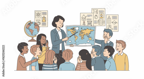 A teacher pointing at a world map, explaining geography to a class of attentive elementary school children.