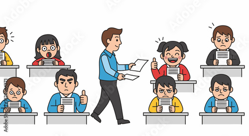 A teacher distributing papers to students, with varied expressions of emotions in a classroom.