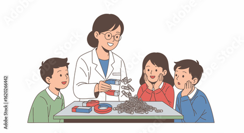 A teacher demonstrates magnetism to three attentive students using magnets and metal filings in a classroom setting.