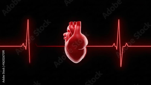 A red heart beats steadily across a black background with visible electrocardiogram waves indicating life and health