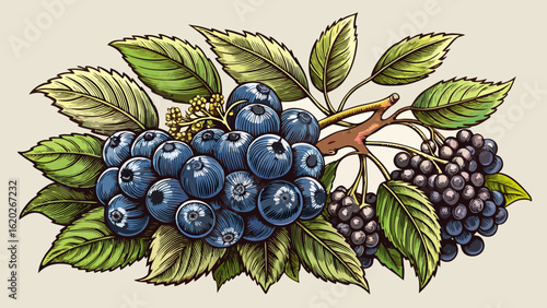A vintage blueberry and elderberry engraving for retro design and decoration white background displays fine lines and delicate curves. Semi-realistic vector style captures botanical elegance and timel