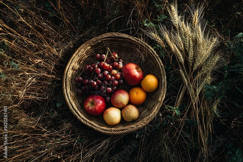 Wallpaper Mural Basket of Fresh Apples Grapes and Oranges in Wheat Field Torontodigital.ca