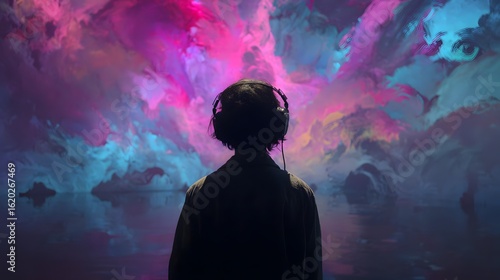 Person Wearing Headphones Gazing at Vibrant Abstract Nebula Cloudscape Reflected in Water listening