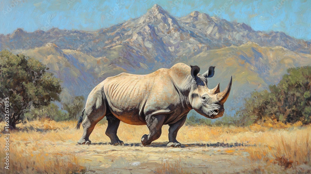 Fototapeta premium Rhinoceros Walking in Front of Mountain Range