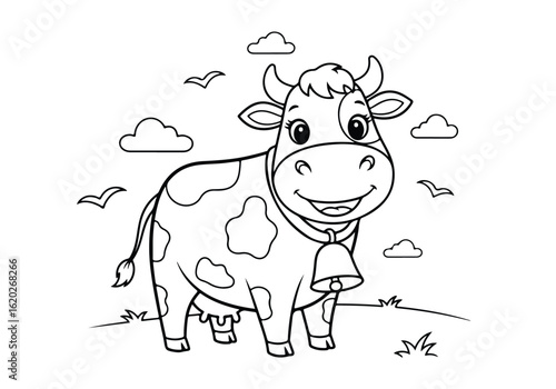 Cute cartoon cow with a bell and spots, standing in a field with clouds and birds, black and white line art printable illustration coloring page for kids