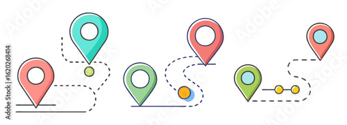 Collection of colorful map pointers representing destinations and routes on a map