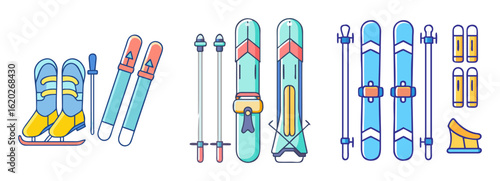Cartoon illustration showcasing different types of skis boots and other equipment