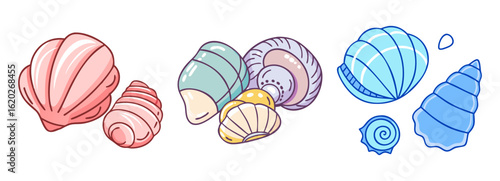 A collection of colorful seashells in various shapes and sizes cartoon style