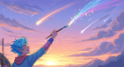 A young artist with blue hair paints a colorful, magical shooting star across a beautiful sunset sky.