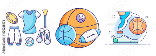 Collection of sport equipment and athletic gear in cartoon illustration style